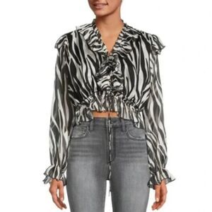 NWT AREA STARS BARI ZEBRA PRINT CROPPED RUFFLED TIE FRONT V NECK SHEER TOP MED